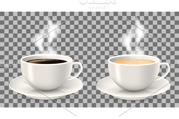 Two hot cups of coffee with steam on saucers.
