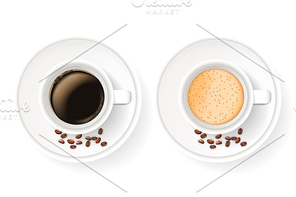 Top view of two realistic cups on saucers with coffee beans.