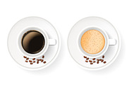 Top view of two realistic cups on saucers with coffee beans.