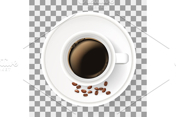 Top view of cup on saucer with coffee beans. Realistic illustration.