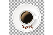 Top view of cup on saucer with coffee beans. Realistic illustration.