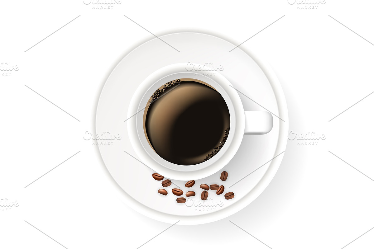 Realistic cup on saucer with coffee beans. Top view. in Illustrations - product preview 8