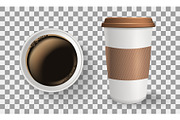 Composition of top and front view to go and takeaway realistic paper coffee cups.