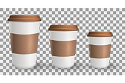 Set of realistic, to go and takeaway paper coffee cups in different sizes.