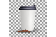 Realistic blank and plain paper cup mockup with coffee beans.