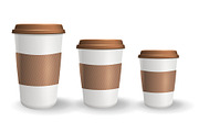 Set of realistic takeaway and to go paper coffee cups in different sizes.