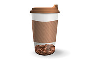 Realistic, to go and takeaway paper cup with coffee beans pattern.