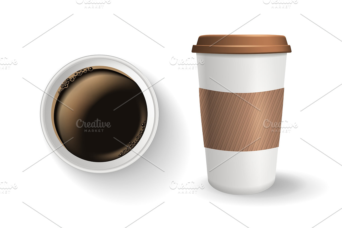 Top view of realistic, to go and takeaway paper coffee cup with lid and ripple sleeve. in Illustrations - product preview 8