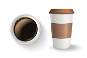 Top view of realistic, to go and takeaway paper coffee cup with lid and ripple sleeve.