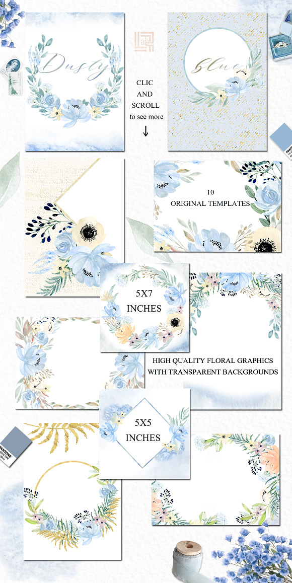 Dusty blue gold. Watercolor flowers in Illustrations - product preview 1