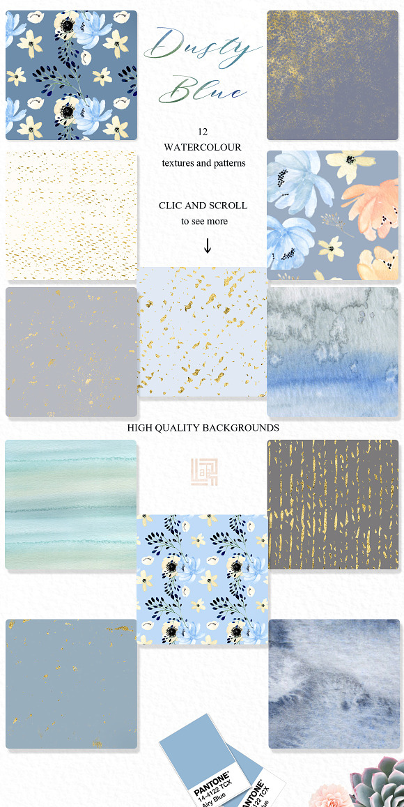 Dusty blue gold. Watercolor flowers in Illustrations - product preview 2