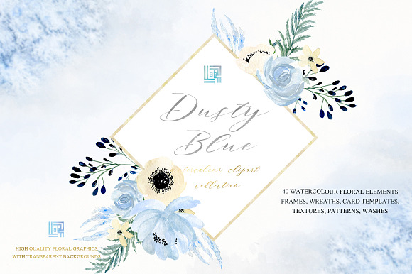 Dusty blue gold. Watercolor flowers in Illustrations - product preview 3