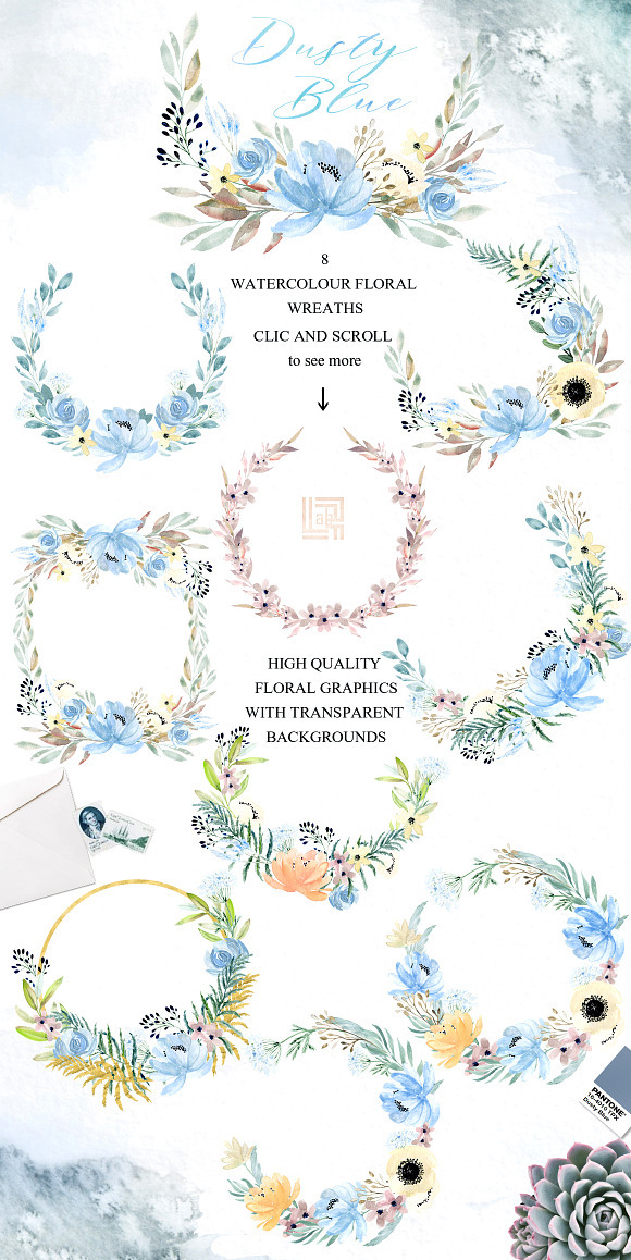 Dusty blue gold. Watercolor flowers in Illustrations - product preview 5