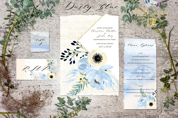 Dusty blue gold. Watercolor flowers in Illustrations - product preview 6