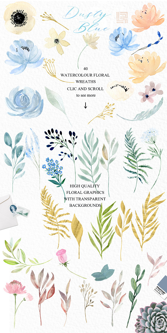Dusty blue gold. Watercolor flowers in Illustrations - product preview 7