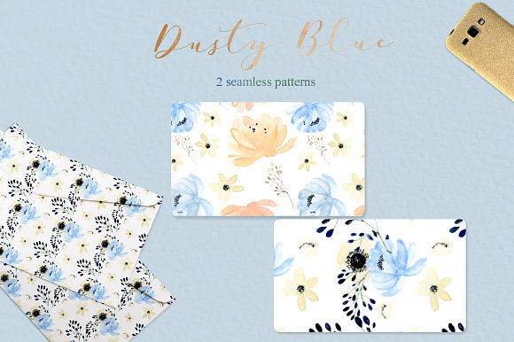 Dusty blue gold. Watercolor flowers in Illustrations - product preview 8