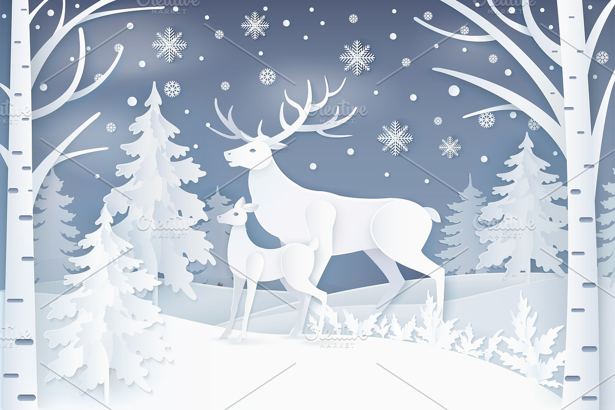 Deer Walking in Winter Forest Vector Illustration in Illustrations - product preview 8