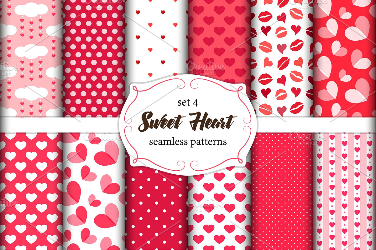 Cute set of scandinavian Sweet Heart Valentines Day seamless patterns with fabric textures in Illustrations - product preview 8
