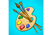 Palette with paints and brushes pop art vector