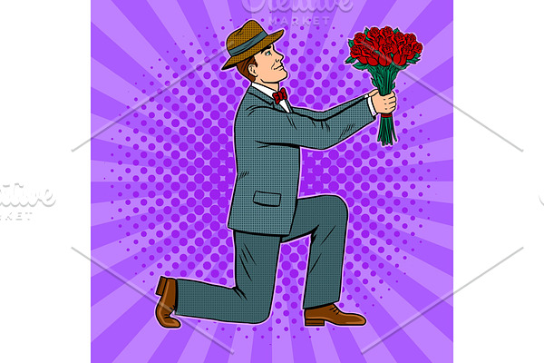 Man gives flowers bouquet pop art vector