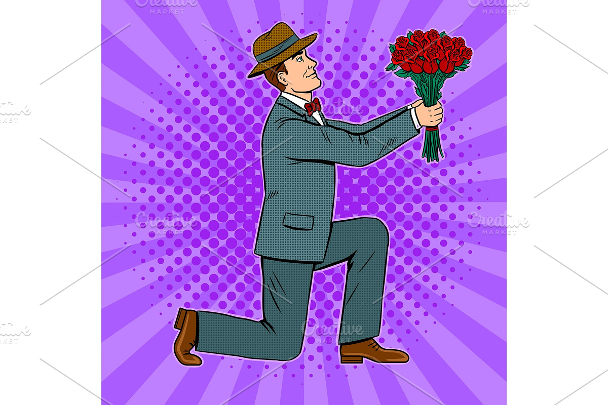 Man gives flowers bouquet pop art vector in Illustrations - product preview 8