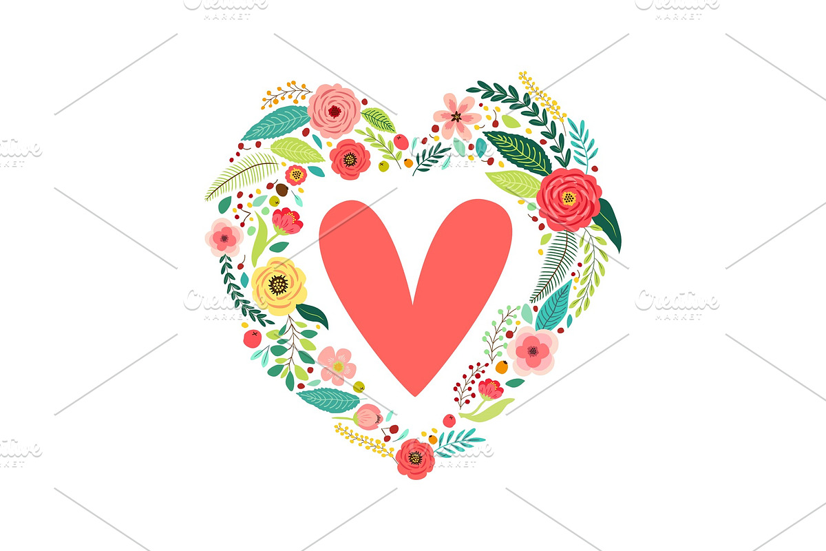 Cute vintage Valentine's Day symbol as rustic hand drawn first spring flowers in heart shape in Textures - product preview 8