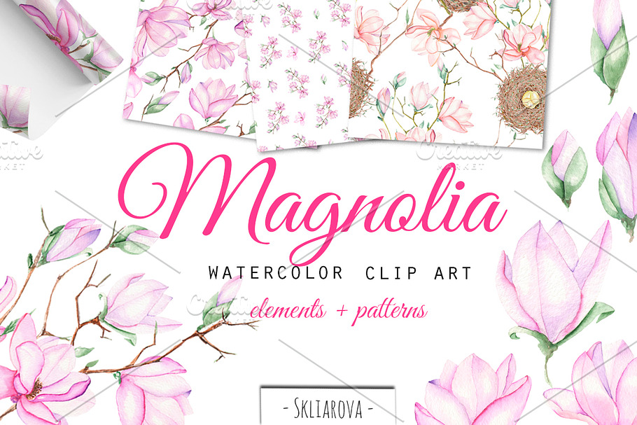 Spring Magnolia. Watercolor clip art in Illustrations - product preview 8
