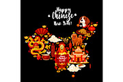 China map with Chinese New Year holiday symbols