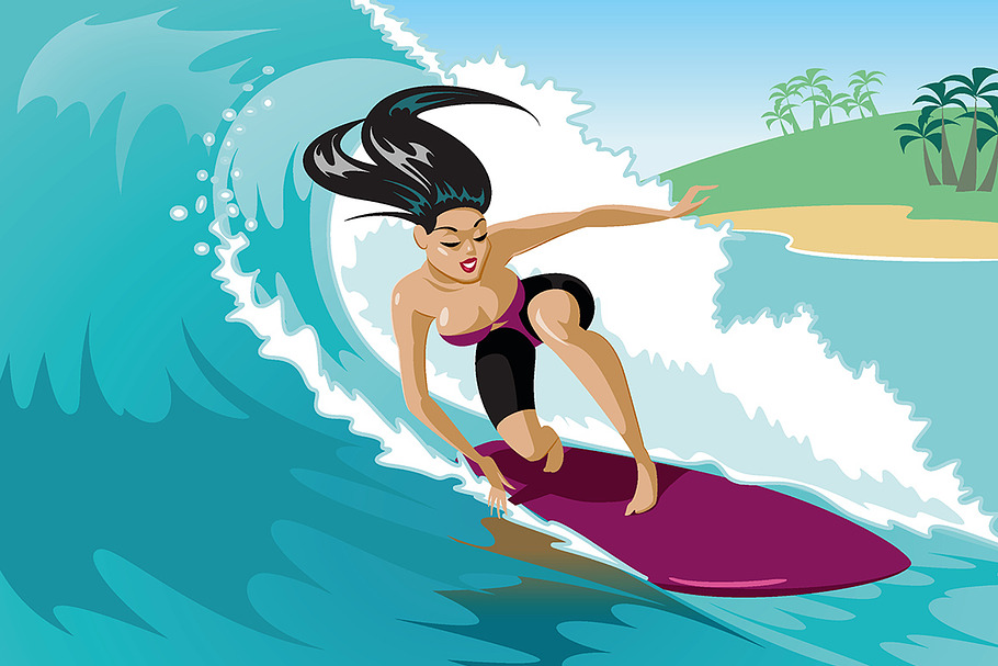 Young surf girl with surfboard in Illustrations - product preview 8