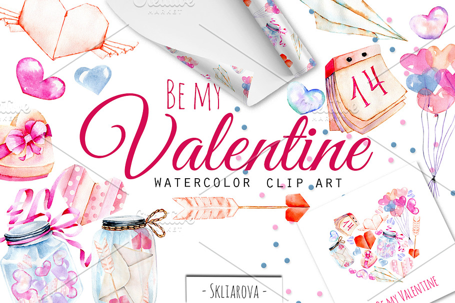 Be my Valentine. Watercolor clipart. in Illustrations - product preview 8