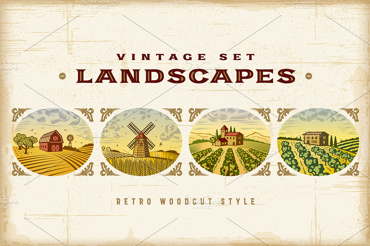 Vintage Colorful Landscapes Set in Illustrations - product preview 8