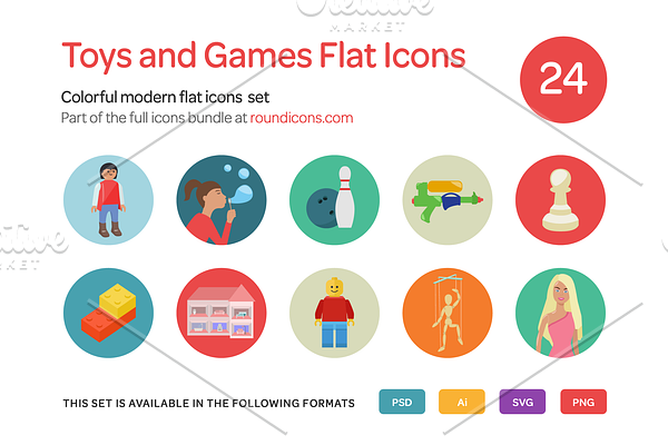 Toys and Games Flat Icons Set
