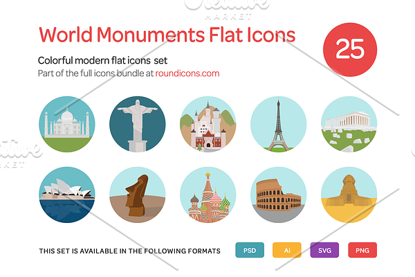 World Monuments Flat Icons Set