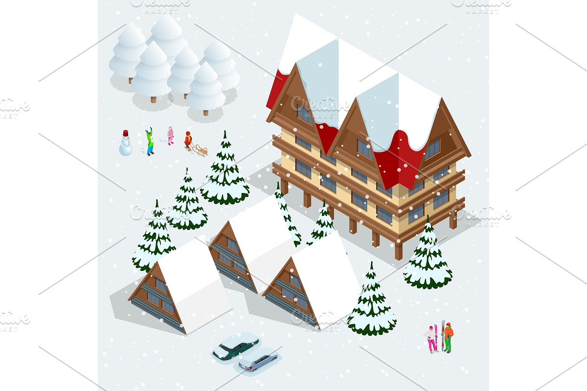 Ski resort, slope, people on the ski lift, skiers on the piste among white snow pine trees and hotel. Winter holiday web banner design. Vector isometric illustration. in Illustrations - product preview 8