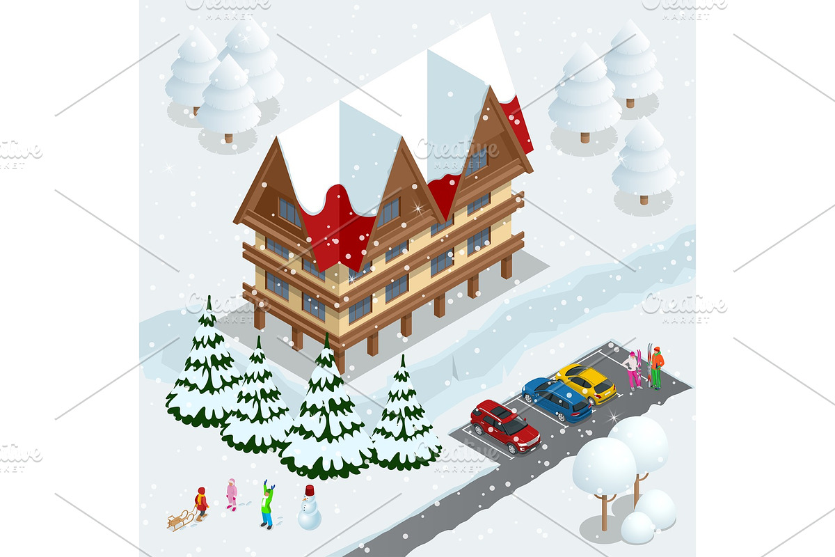 Ski resort, slope, people on the ski lift, skiers on the piste among white snow pine trees and hotel. Winter holiday web banner design. Vector isometric illustration. in Illustrations - product preview 8