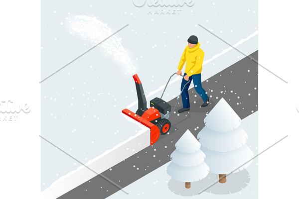 A man cleans snow from sidewalks with snowblower. City after blizzard. Isometric vector illustration.