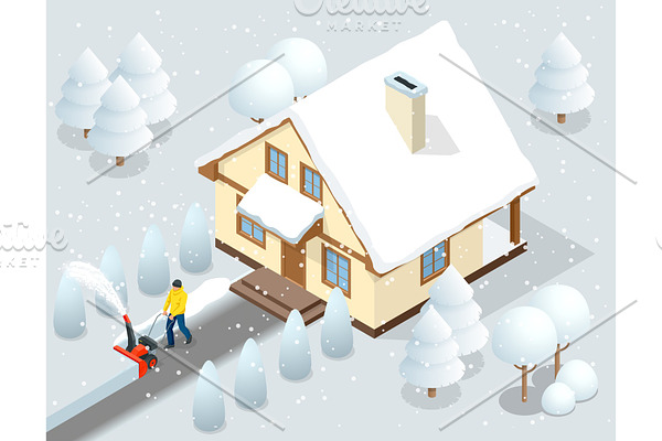 A man clears snow from sidewalks with snow blower backyard outside his house. City after a blizzard. House covered with snow. Isometric vector illustration