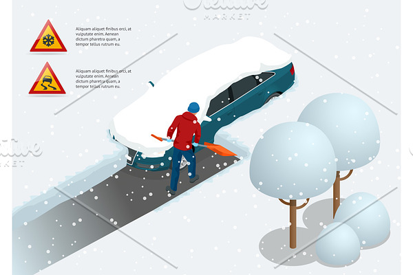 Man with shovel cleaning snow filled backyard outside his car. City after blizzard. Car covered with snow. Isometric vector illustration