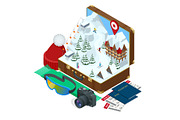 Ski resort, slope, people on the ski lift, skiers on the piste among white snow pine trees and hotel. Winter holiday web banner design. Vector isometric illustration.