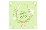 Cute rustic hand drawn Easter wreath of spring flowers with hand written text Hello Spring
