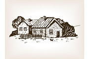 Rural landscape engraving vector illustration