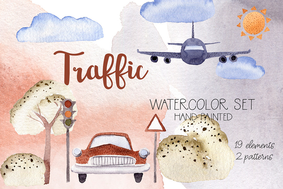 Traffic Hand Painted Watercolor Set in Illustrations - product preview 8