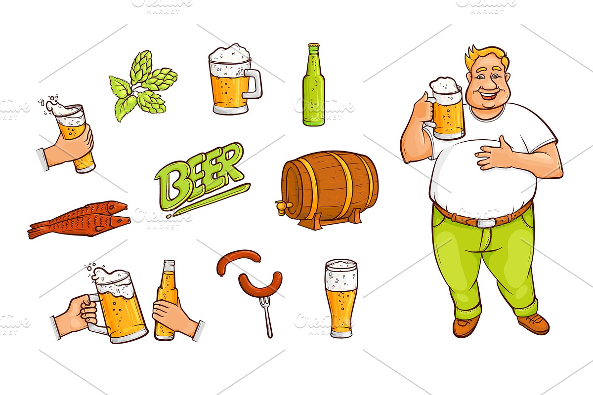 Beer bottle, mug, glass, drinking man, appetrizers in Illustrations - product preview 8