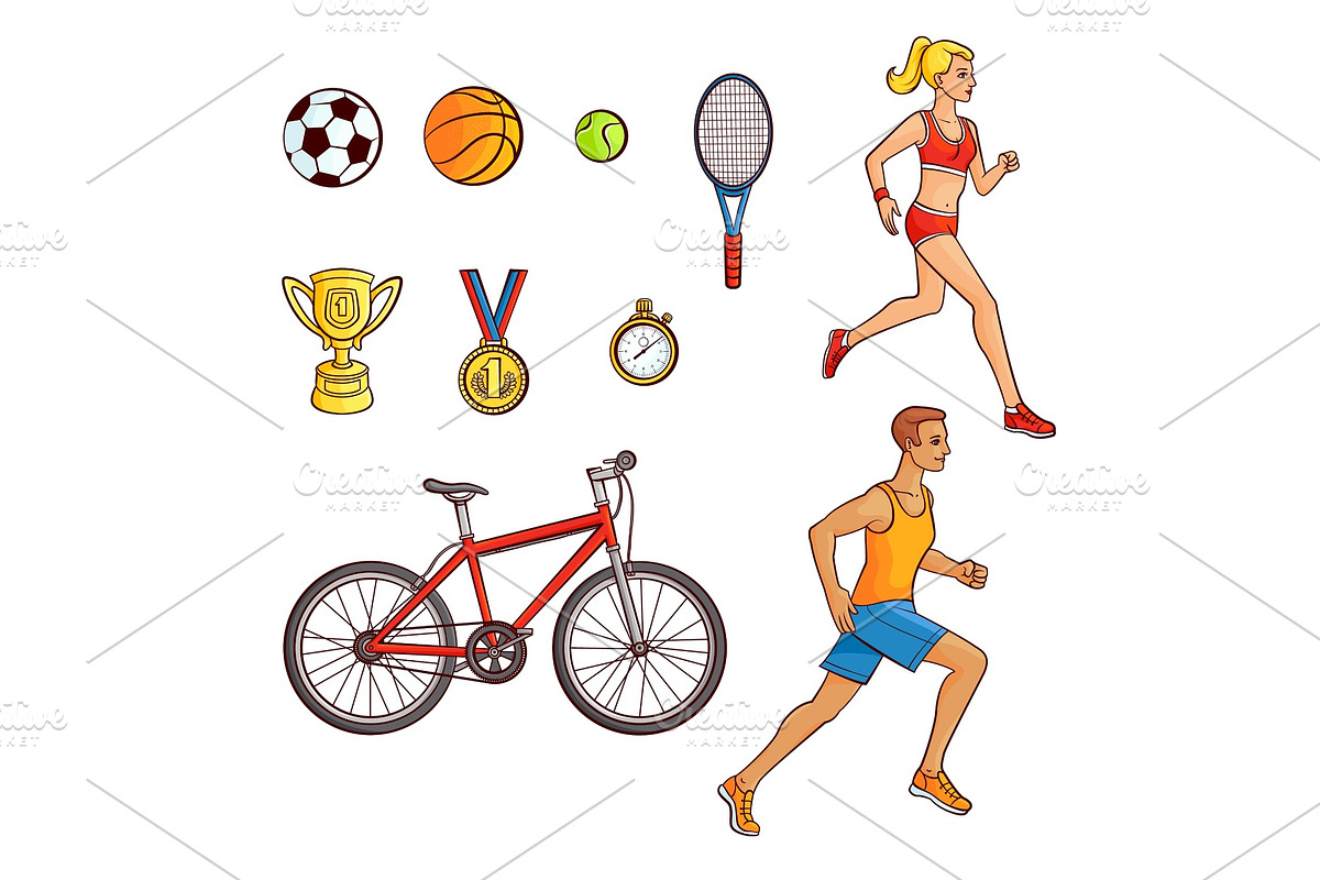 Hand-drawn set of running people and sport items in Illustrations - product preview 8