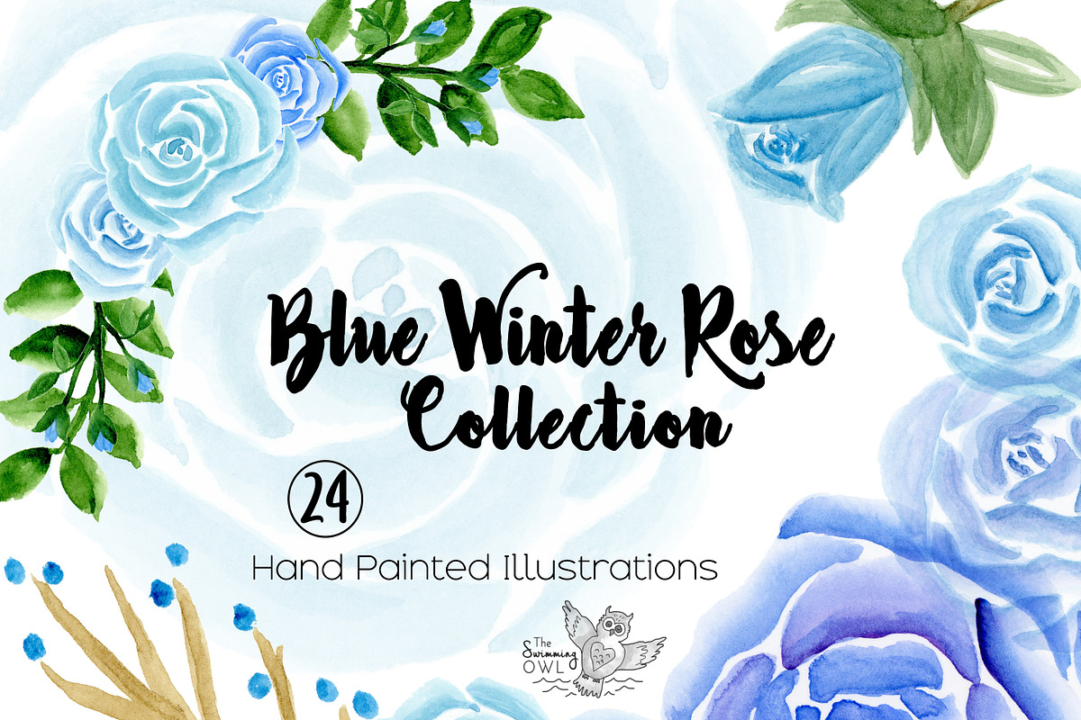 Blue Winter Roses Watercolor Clipart in Illustrations - product preview 8