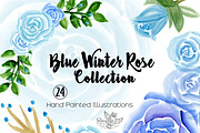 Blue Winter Roses Watercolor Clipart