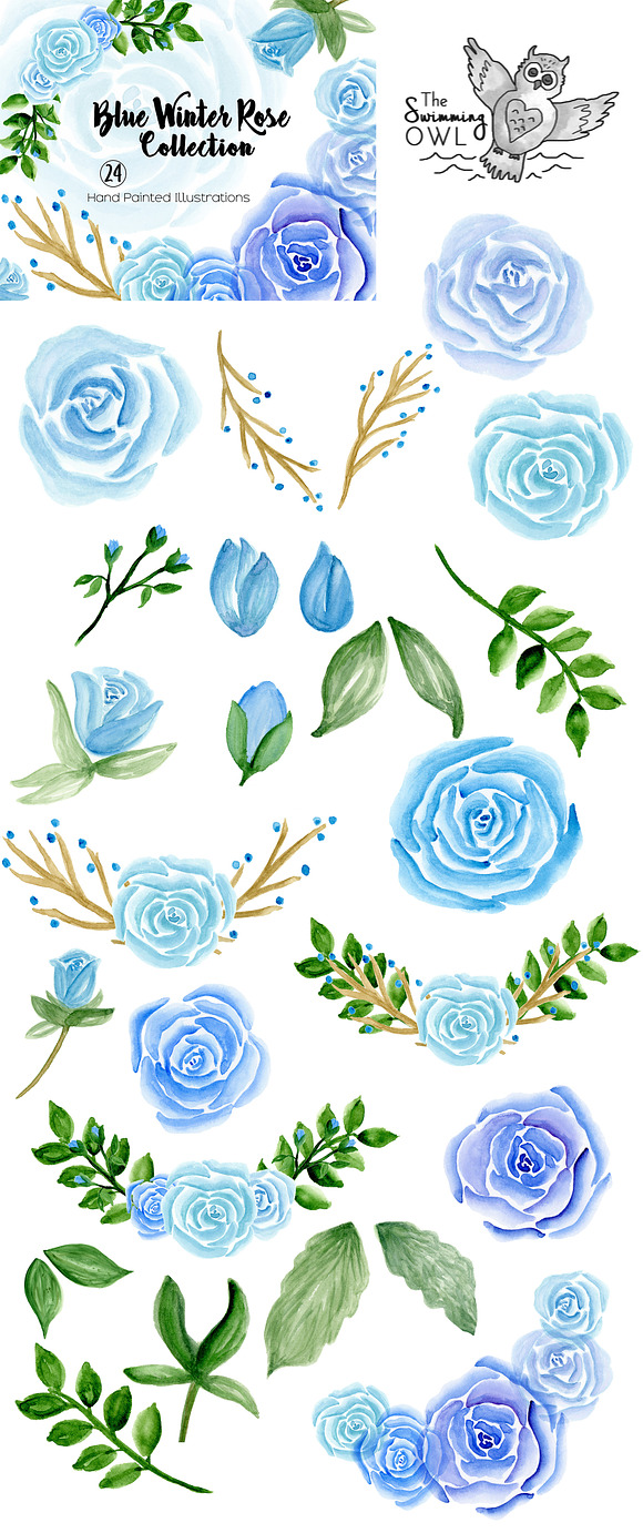 Blue Winter Roses Watercolor Clipart in Illustrations - product preview 1