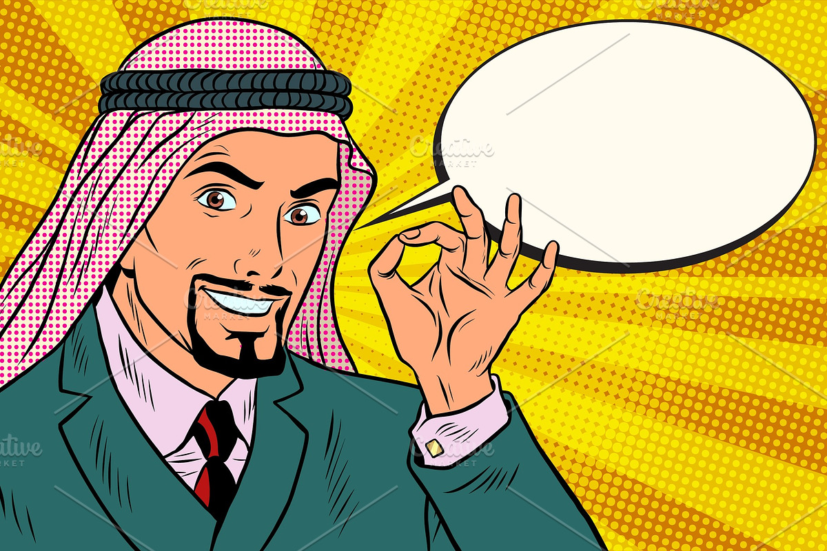 Arab businessman OK gesture, comic book bubble in Illustrations - product preview 8