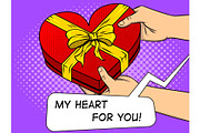 Red heart shaped gift box pop art vector