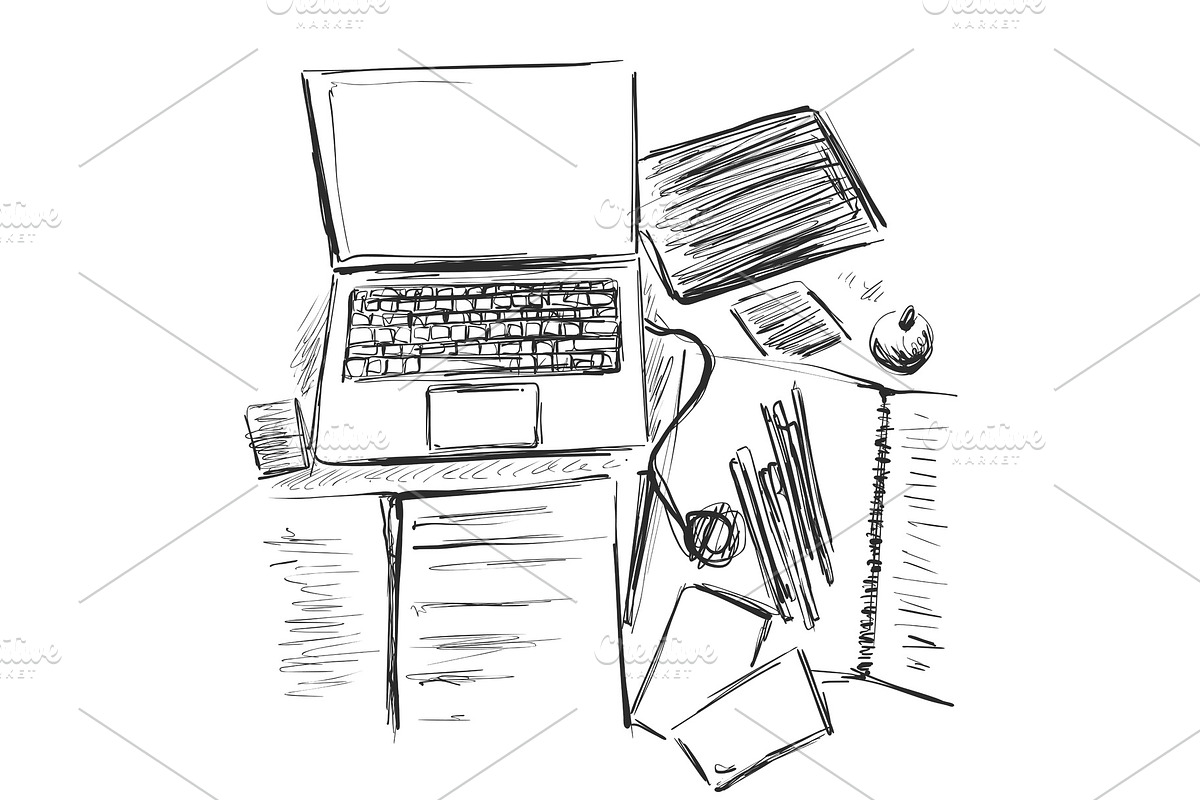 Workplace organization,stationery elements on table. Sketch office work desk. Business,school consept. Computer. in Illustrations - product preview 8